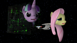 Size: 1920x1080 | Tagged: safe, artist:raptor1701, artist:raptornx01, fluttershy, starlight glimmer, pegasus, pony, 3d, borg, borg cube, crossover, enterprise, enterprise d, star trek, star trek: the next generation, wat, wtf