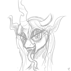 Size: 2000x2000 | Tagged: safe, artist:yakoshi, queen chrysalis, changeling, changeling queen, bust, dark magic, long tongue, magic, monochrome, open mouth, portrait, sketch, solo, sombra eyes, tongue out