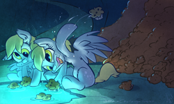 Size: 1000x600 | Tagged: safe, artist:atryl, derpy hooves, pegasus, pony, cave, cave pool, duality, female, mare, mirror pool, muffin