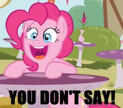 Size: 677x592 | Tagged: safe, edit, edited screencap, screencap, pinkie pie, earth pony, pony, too many pinkie pies, cropped, faic, female, mare, meme, nicolas cage, open mouth, sitting, solo, table, you don't say