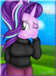 Size: 3200x4300 | Tagged: safe, artist:iflysna94, starlight glimmer, anthro, unicorn, absurd resolution, breasts, clothes, cute, female, glimmerbetes, mare, one eye closed, pants, signature, solo, sweater, turtleneck