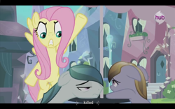 Size: 1024x640 | Tagged: safe, screencap, amber waves, crystal arrow, crystal beau, fluttershy, crystal pony, pegasus, pony, spoiler:s03, out of context, youtube caption