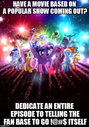 Size: 500x711 | Tagged: safe, derpibooru import, applejack, fluttershy, pinkie pie, rainbow dash, rarity, spike, twilight sparkle, twilight sparkle (alicorn), alicorn, dragon, earth pony, pegasus, pony, unicorn, fame and misfortune, my little pony: the movie, drama, fame and misfortune drama, meme, movie poster, op is a cuck, op is trying to start shit, op started shit, semi-vulgar