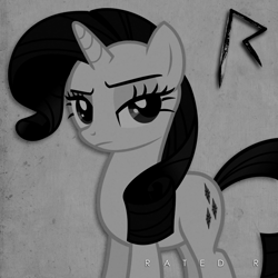 Size: 800x800 | Tagged: safe, artist:adrianimpalamata, rarity, pony, unicorn, album cover, black and white, grayscale, monochrome, parody, rated r, rihanna, solo