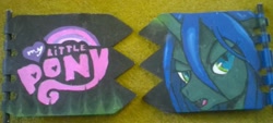 Size: 1600x721 | Tagged: safe, artist:40kponyguy, queen chrysalis, changeling, changeling queen, looking at you, my little pony logo, photo, solo, traditional art