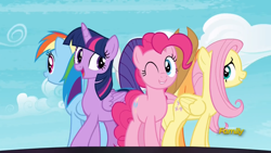 Size: 1920x1080 | Tagged: safe, derpibooru import, screencap, applejack, fluttershy, pinkie pie, rainbow dash, rarity, twilight sparkle, twilight sparkle (alicorn), alicorn, earth pony, pegasus, pony, unicorn, fame and misfortune, discovery family logo, facing away, flawless, mane six, one eye closed, song, wink