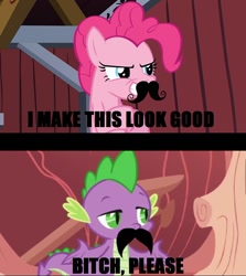 Size: 800x897 | Tagged: safe, edit, edited screencap, screencap, pinkie pie, spike, dragon, earth pony, pony, boast busters, moustache, vulgar