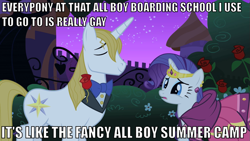 Size: 947x533 | Tagged: safe, prince blueblood, rarity, pony, unicorn, female, horn, image macro, mare, white coat