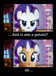 Size: 1450x1971 | Tagged: safe, rarity, pony, unicorn, food, food transformation, potato, raritater, solo, transformation, wat