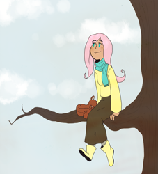 Size: 1653x1820 | Tagged: safe, artist:nyan-cow, fluttershy, human, squirrel, boots, clothes, humanized, long skirt, scarf, shoes, sitting, sitting in a tree, skirt, solo, sweater, sweatershy, tree, tree branch