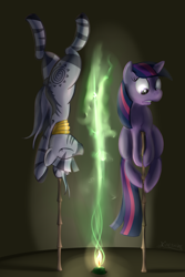 Size: 800x1200 | Tagged: safe, artist:cheshiresdesires, derpibooru import, twilight sparkle, zecora, zebra, candle, meditating