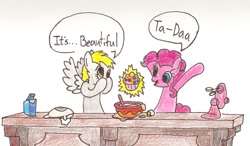 Size: 1024x596 | Tagged: safe, artist:rainbowballistic, derpy hooves, pinkie pie, pegasus, pony, cooking, female, mare, muffin, traditional art