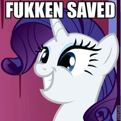 Size: 385x385 | Tagged: safe, rarity, pony, unicorn, female, horn, image macro, mare, reaction image, solo, vulgar