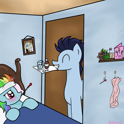 Size: 2830x2830 | Tagged: safe, artist:vinviasshine, derpibooru import, rainbow dash, soarin', pegasus, pony, bed, bedroom, blushing, caring for the sick, clothes, female, flower, get well card, headband, hooks, male, medicine, picture frame, scarf, shelf, shipping, sick, soarindash, straight, thermometer, water