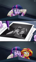 Size: 1920x3272 | Tagged: safe, artist:ponut_joe edit, edit, sunset shimmer, twilight sparkle, twilight sparkle (alicorn), alicorn, equestria girls, rainbow rocks, blushing, drawing, inception, meme, mouth drawing, mouth hold, no hooves, paper, pen, scene interpretation, twilight's mouth art