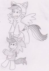 Size: 569x825 | Tagged: safe, artist:threetwotwo32232, derpibooru import, rainbow dash, scootaloo, pegasus, pony, clothes, crossover, duo, flying, hoodie, miles "tails" prower, monochrome, newbie artist training grounds, parody, pencil drawing, sonic the hedgehog, sonic the hedgehog (series), traditional art