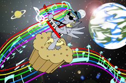 Size: 3245x2144 | Tagged: safe, artist:midnight-cobra, derpy hooves, pegasus, pony, female, hat, keytar, mare, muffin, music, musical instrument, space, sunglasses