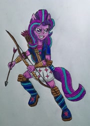 Size: 1902x2642 | Tagged: safe, artist:bozzerkazooers, starlight glimmer, equestria girls, arrow, bow (weapon), bow and arrow, grin, ponied up, smiling, solo, traditional art, weapon