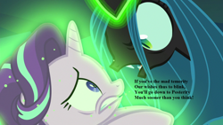 Size: 1280x720 | Tagged: safe, edit, edited screencap, screencap, queen chrysalis, starlight glimmer, changeling, changeling queen, pony, unicorn, to where and back again, eye contact, female, gilbert and sullivan, looking at each other, lyrics, magic, magic aura, mare, song reference, text, threat, utopia limited