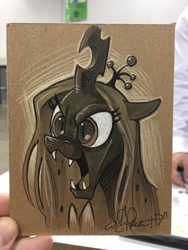 Size: 1536x2048 | Tagged: safe, artist:andypriceart, queen chrysalis, changeling, changeling queen, colored pencil drawing, monochrome, open mouth, solo, traditional art