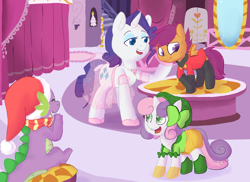 Size: 1100x800 | Tagged: safe, artist:mt, rarity, scootaloo, spike, sweetie belle, dragon, pony, unicorn, carousel boutique, christmas, clothes, hat, scarf, tree, winter outfit