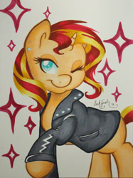 Size: 1199x1600 | Tagged: safe, artist:abbystarling, sunset shimmer, pony, unicorn, blank flank, clothes, leather jacket, markers, solo, traditional art, wink