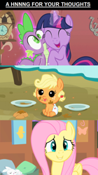 Size: 640x1142 | Tagged: safe, derpibooru import, applejack, fluttershy, spike, twilight sparkle, dragon, earth pony, pegasus, pony, babyjack