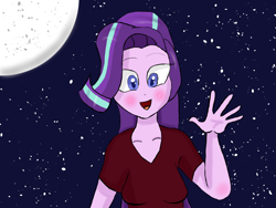 Size: 1024x768 | Tagged: safe, artist:mildockart, starlight glimmer, human, equestria girls, blushing, equestria girls-ified, looking at you, moon, night, solo, stars, waving