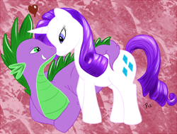 Size: 676x511 | Tagged: safe, artist:penwyn, rarity, spike, dragon, pony, unicorn, female, interspecies, male, ponified, shipping, sparity, straight, tusk