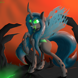 Size: 3200x3200 | Tagged: safe, artist:kirasunnight, queen chrysalis, changeling, changeling queen, drool, evil grin, fangs, female, glowing eyes, grin, raised hoof, smiling, solo, tongue out