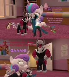 Size: 1920x2160 | Tagged: safe, artist:red4567, discord, lord tirek, pound cake, princess flurry heart, queen chrysalis, changeling, changeling queen, 3d, chrysirek, dark helmet, dialogue, flurry the shipper, like mother like daughter, male, older, poundflurry, rick moranis, scared, shipper on deck, shipping, source filmmaker, spaceballs the tag, straight, tiralis