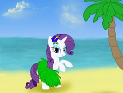 Size: 1024x768 | Tagged: safe, artist:bpie, rarity, pony, unicorn, beach, clothes, flower, flower in hair, grass skirt, hawaiian flower in hair, hula, hularity, skirt, solo