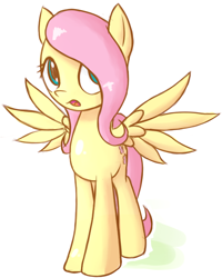 Size: 594x743 | Tagged: safe, artist:fajeh, artist:rustydooks, fluttershy, pegasus, pony, looking at you, simple background, solo, spread wings, standing