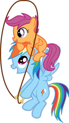 Size: 1627x2868 | Tagged: safe, artist:kehrminator, derpibooru import, rainbow dash, scootaloo, pegasus, pony, best pony, female, filly, heartwarming, jump rope, mare, ponies riding ponies, scootahat, scootalove, simple background, transparent background