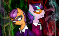 Size: 1277x783 | Tagged: safe, artist:stuflox, starlight glimmer, tender taps, pony, unicorn, andrea cavalcanti, clothes, duo, jacopo manfredi, mask, parody, servant, the count of monte cristo, the count of monte rainbow, thief