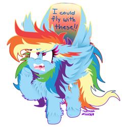 Size: 1024x1024 | Tagged: safe, artist:vanillaswirl6, derpibooru import, part of a set, rainbow dash, pegasus, pony, big ears, cheek fluff, chest fluff, colored pupils, dialogue, ear fluff, female, fluffy, impossibly large ears, looking up, mare, open mouth, raised hoof, sharp teeth, shoulder fluff, simple background, solo, teeth, transparent background, unshorn fetlocks, yelling