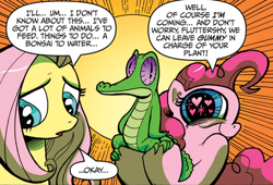 Size: 608x413 | Tagged: safe, idw, fluttershy, gummy, pinkie pie, earth pony, pegasus, pony, official comic