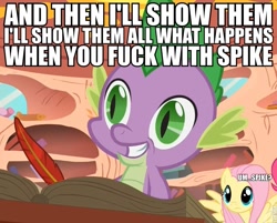 Size: 817x656 | Tagged: safe, fluttershy, spike, dragon, pegasus, pony, female, image macro, male, mare, text, vulgar