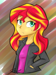 Size: 840x1120 | Tagged: safe, artist:jovalic, sunset shimmer, equestria girls, clothes, female, solo, two toned hair