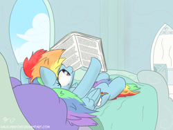 Size: 1280x960 | Tagged: safe, artist:halflingpony, derpibooru import, rainbow dash, pegasus, pony, bathroom, bedroom, book, cloud, cloud bed, lying, messy mane, messy tail, morning, morning ponies, newbie artist training grounds, on back, reading, solo