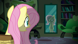 Size: 1067x600 | Tagged: safe, fluttershy, pegasus, pony, .mov, fluttershed, mirror, murdershy, shed.mov, tied up