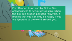 Size: 500x281 | Tagged: safe, screencap, pinkie pie, earth pony, pony, dragonshy, meta, offensive ponies, text