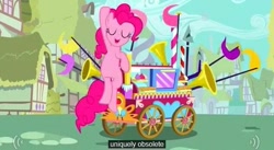 Size: 635x348 | Tagged: safe, screencap, pinkie pie, earth pony, pony, a friend in deed, welcome wagon, youtube caption