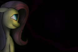 Size: 1939x1289 | Tagged: safe, artist:qsteel, fluttershy, pegasus, pony, dark background, floppy ears, smiling, solo, stone