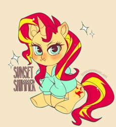 Size: 500x547 | Tagged: safe, artist:royalshark, sunset shimmer, pony, unicorn, blushing, clothes, hoodie, solo