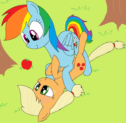 Size: 661x644 | Tagged: safe, artist:hyolark, derpibooru import, applejack, rainbow dash, earth pony, pegasus, pony, apple, appledash, cute, dashabetes, female, jackabetes, lesbian, ms paint, shipping