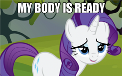 Size: 500x312 | Tagged: safe, rarity, pony, unicorn, bedroom eyes, female, horn, image macro, mare, my body is ready, solo