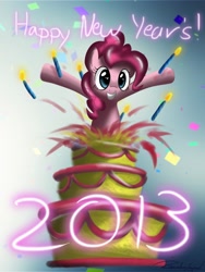 Size: 1800x2400 | Tagged: safe, artist:psychoanalytic, pinkie pie, earth pony, pony, 2013, cake, happy new year, new year, pop out cake, surprise cake