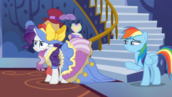 Size: 1920x1080 | Tagged: safe, derpibooru import, screencap, rainbow dash, rarity, pegasus, pony, unicorn, fame and misfortune, bow, clothes, dress, feather, hat, marshmelodrama, narrowed eyes, petticoat, pointing, scarf, stress couture, stressed, sun hat, terrible, top hat, twilight's castle, unhappy