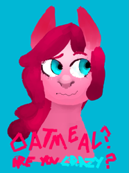 Size: 727x979 | Tagged: safe, artist:do-it-emily, pinkie pie, earth pony, pony, blue background, bust, female, front view, mare, simple background, solo, text, wavy mouth